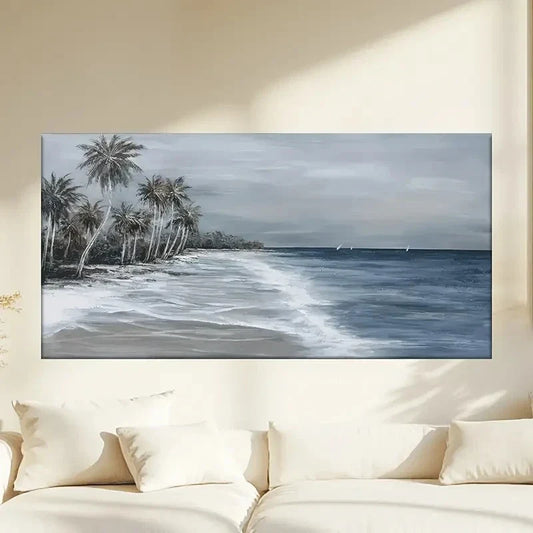 Beach Scene With Palm Trees Wall Art Canvas Office Home Room Framed 80x45cm