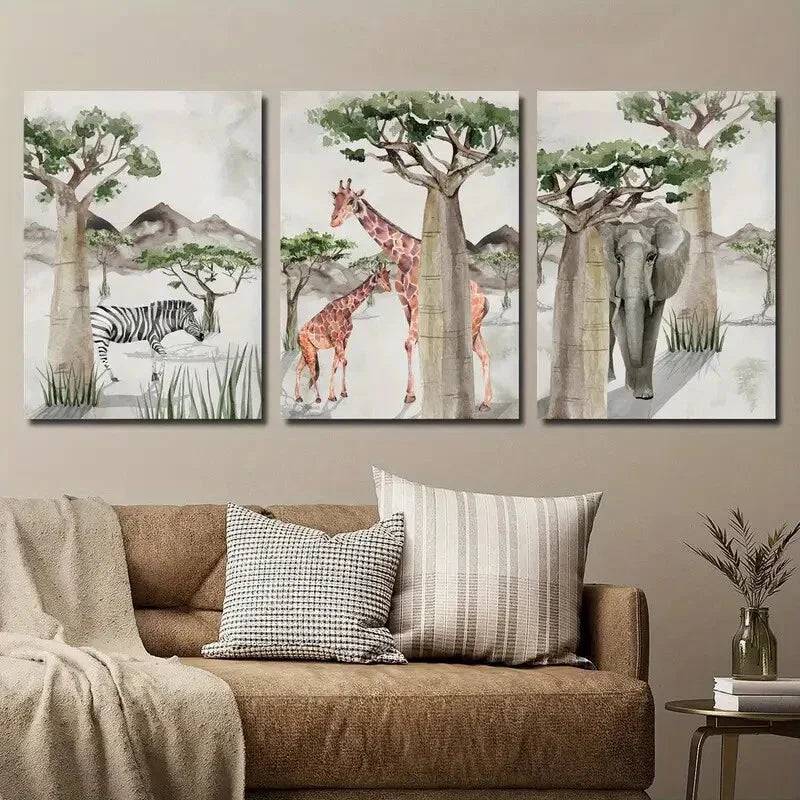 3pcs African Animals Jungle Theme Wall Art Set Canvas Framed 40x60cm - High Quality Print 100% Australian Made Wall Canvas Ready to Hang