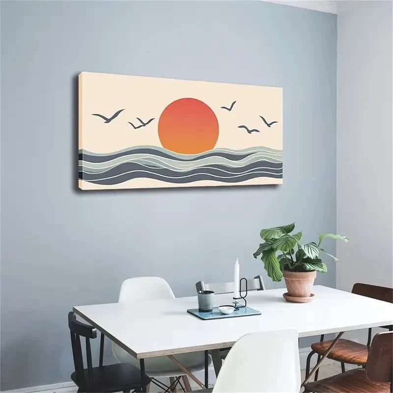 Sun Slowly Rises Around Seagull Wall Art Canvas Office Home Room Framed 120x60cm