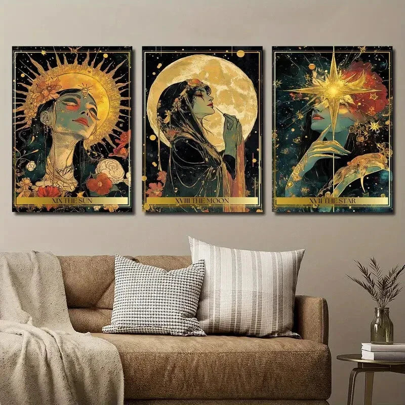 3pcs Magic Cards Sun Stars And Moon Cards Wall Art Set Canvas Framed 40x60cm - High Quality Print 100% Australian Made Wall Canvas Ready to Hang