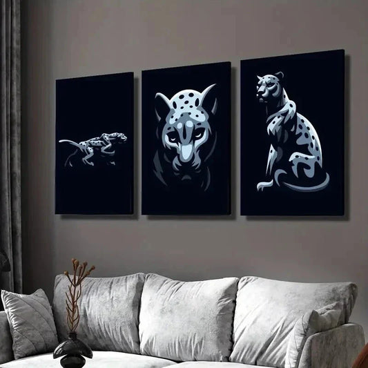 3pcs Black and White Leopard Portraits Wall Art Set Canvas Framed 40x60cm - High Quality Print 100% Australian Made Wall Canvas Ready to Hang