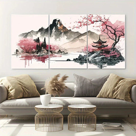3pcs Cherry Blossom Trees And Lake Scenery Metal Print Ready to Hang Art