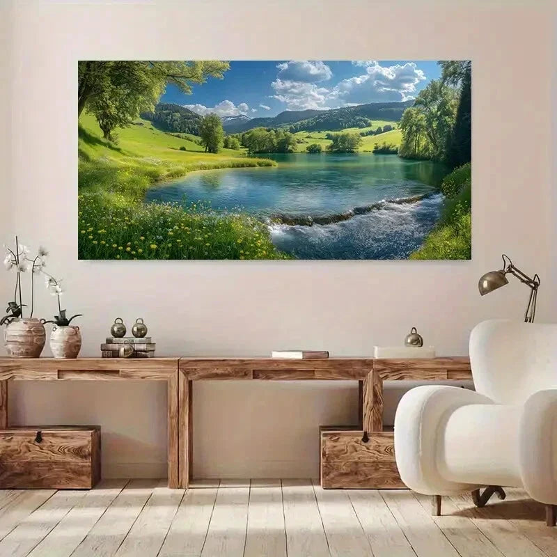Serene Lake Lush Hills Sky wall canvas office home room framed 120x60cm
