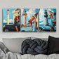 3pcs Vintage Car & Lighthouse Scene with Woman Metal Print Ready to Hang Art