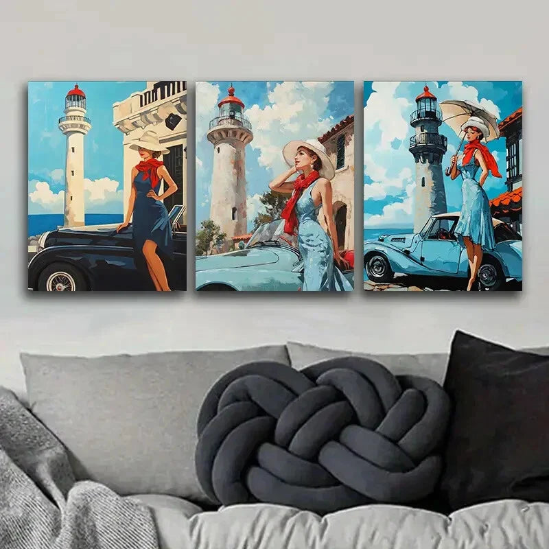 3pcs Vintage Car & Lighthouse Scene with Woman Metal Print Ready to Hang Art