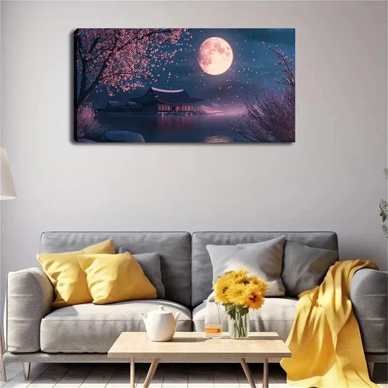 Moon & Blossoms Serene Water Wall Art Canvas Office Home Room Framed 80x45cm