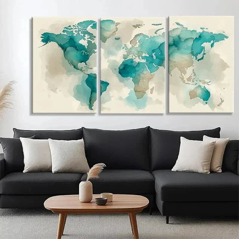 3pcs Abstract Global Map Beige Tones Perfect Wall Art Set Canvas Framed 40x60cm - High Quality Print 100% Australian Made Wall Canvas Ready to Hang