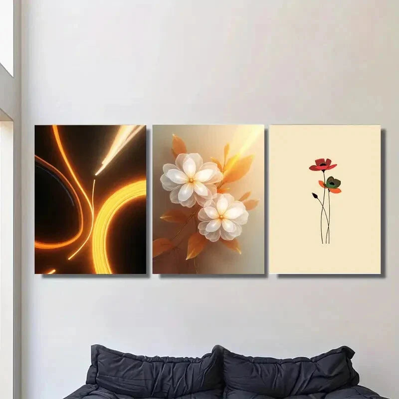 3pcs White Flowers & Golden Accents Metal Print Ready to Hang Art
