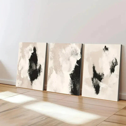 3pcs Abstract Black Neutral Beige Geometric Wall Art Set Canvas Framed 40x60cm - High Quality Print 100% Australian Made Wall Canvas Ready to Hang