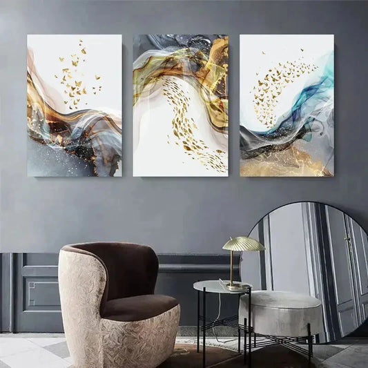 3pcs Golden and Blue Fluid Waves with Butterflies Metal Print Ready to Hang Art