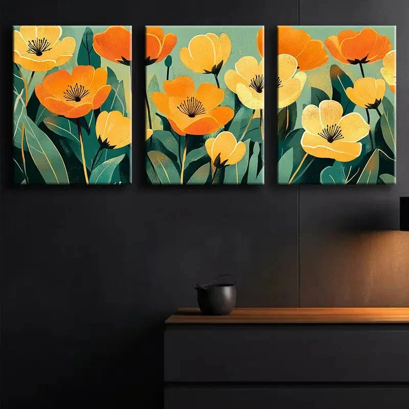 3pcs Beautiful Rolled Orange Floral Perfect Wall Art Set Canvas Framed 40x60cm - High Quality Print 100% Australian Made Wall Canvas Ready to Hang