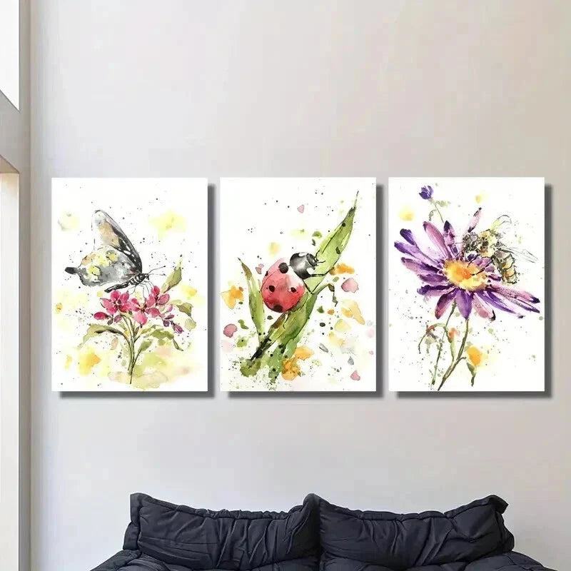 3pcs Flowers & Butterfly Ladybug Bee Wall Art Set Canvas Framed 40x60cm - High Quality Print 100% Australian Made Wall Canvas Ready to Hang
