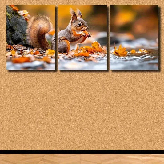 3pcs A Cute Squirrel is Sitting on the Bank Wall Art Set Canvas Framed 40x60cm - High Quality Print 100% Australian Made Wall Canvas Ready to Hang