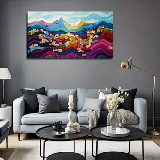 Abstract Village Mountain Wall Art Canvas Office Home Room Framed 120x60cm