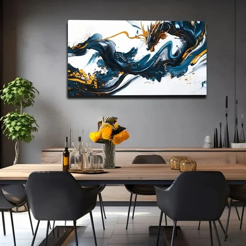 Blue Black Golden Abstract Wall Art Canvas Office Home Room Framed 120x60cm