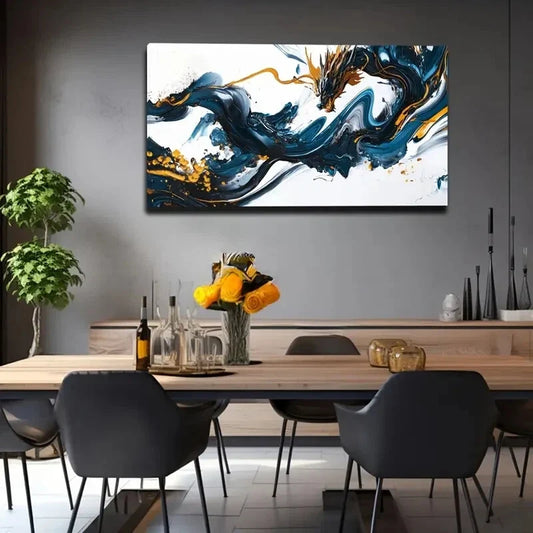 Blue Black Golden Abstract Wall Art Canvas Office Home Room Framed 120x60cm