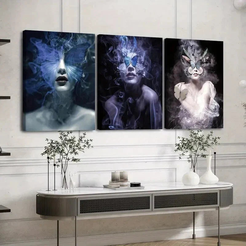 3pcs Abstract Figure Blue Butterfly Black White Wall Art Set Canvas Framed 40x60cm - High Quality Print 100% Australian Made Wall Canvas Ready to Hang