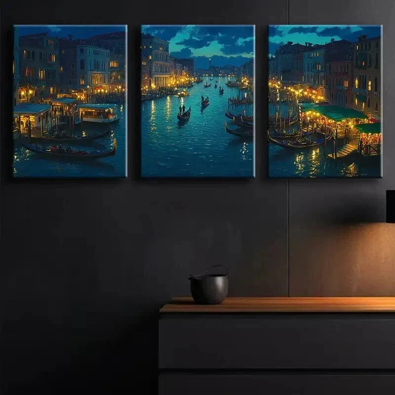 3pcs Venice's Grand Canal at Night Dark Perfect Wall Art Set Canvas Framed 40x60cm - High Quality Print 100% Australian Made Wall Canvas Ready to Hang