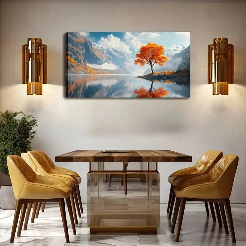 Vibrant Autumn Tree By Lake Wall Art Canvas Office Home Room Framed 120x60cm