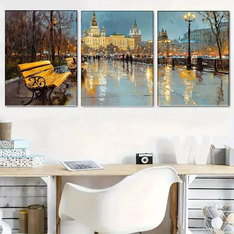 3pcs  Moscow evening Streetscape Wrapped Wall Art Set Canvas Framed 40x60cm - High Quality Print 100% Australian Made Wall Canvas Ready to Hang