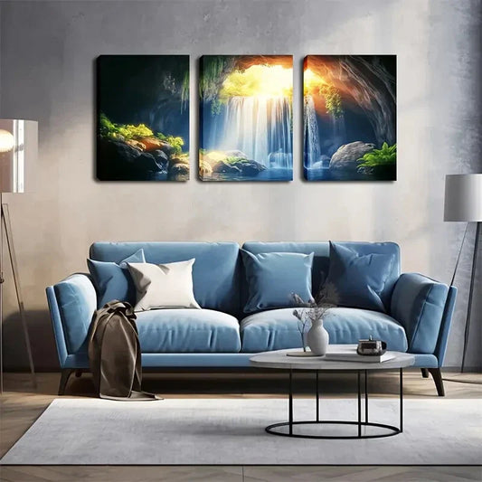 3pcs Waterfall & Cave Landscape Wall Art Set Canvas Framed 40x60cm - High Quality Print 100% Australian Made Wall Canvas Ready to Hang