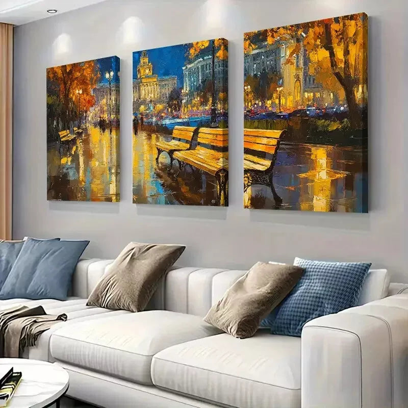 3pcs vibrant Autumn Night Cityscape Wall Art Set Canvas Framed 40x60cm - High Quality Print 100% Australian Made Wall Canvas Ready to Hang
