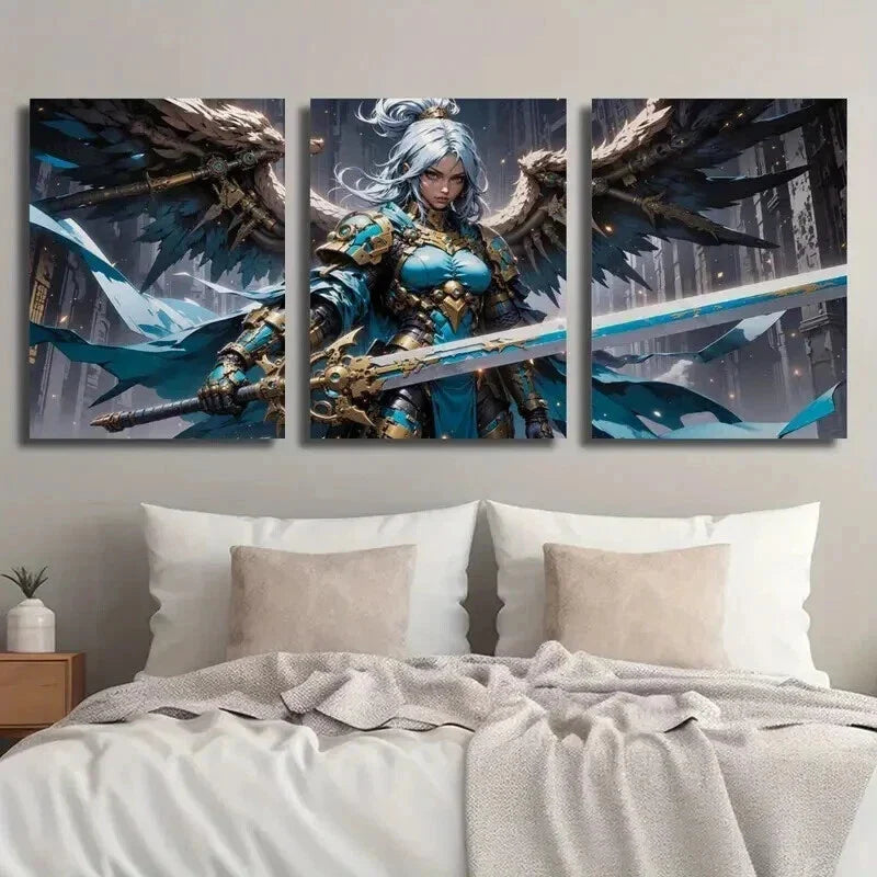 3pcs Sword Wielding Female Knight with Armor Wall Art Set Canvas Framed 40x60cm - High Quality Print 100% Australian Made Wall Canvas Ready to Hang