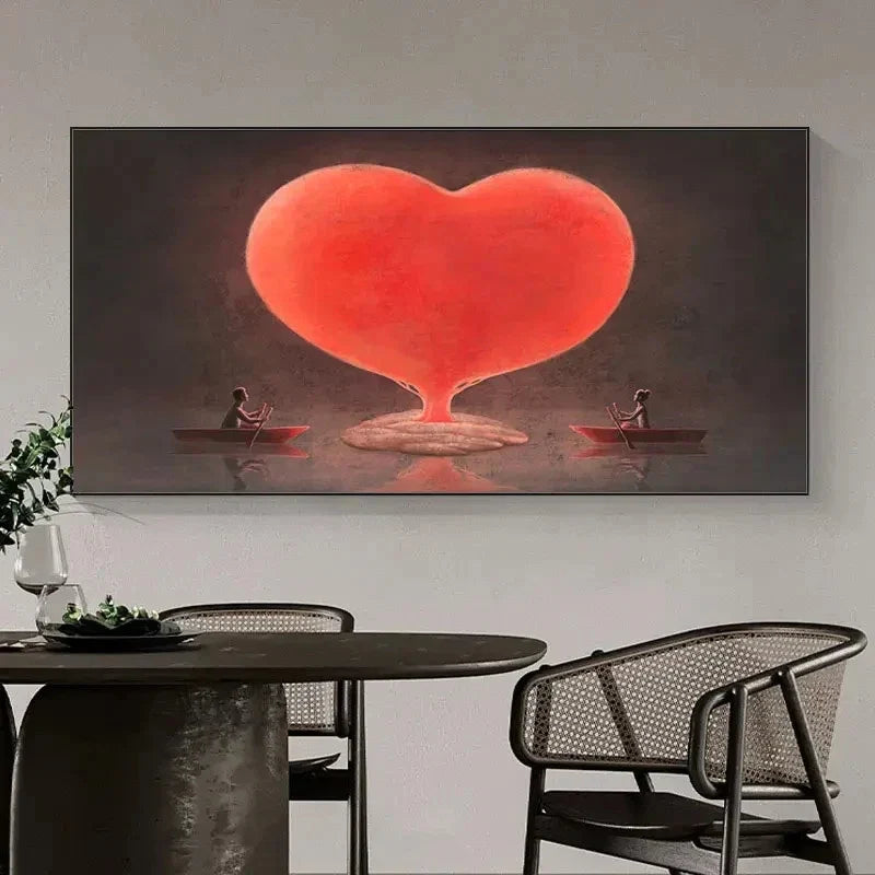 Vibrant Red Heart With Boats Wall Art Canvas Office Home Room Framed 80x45cm