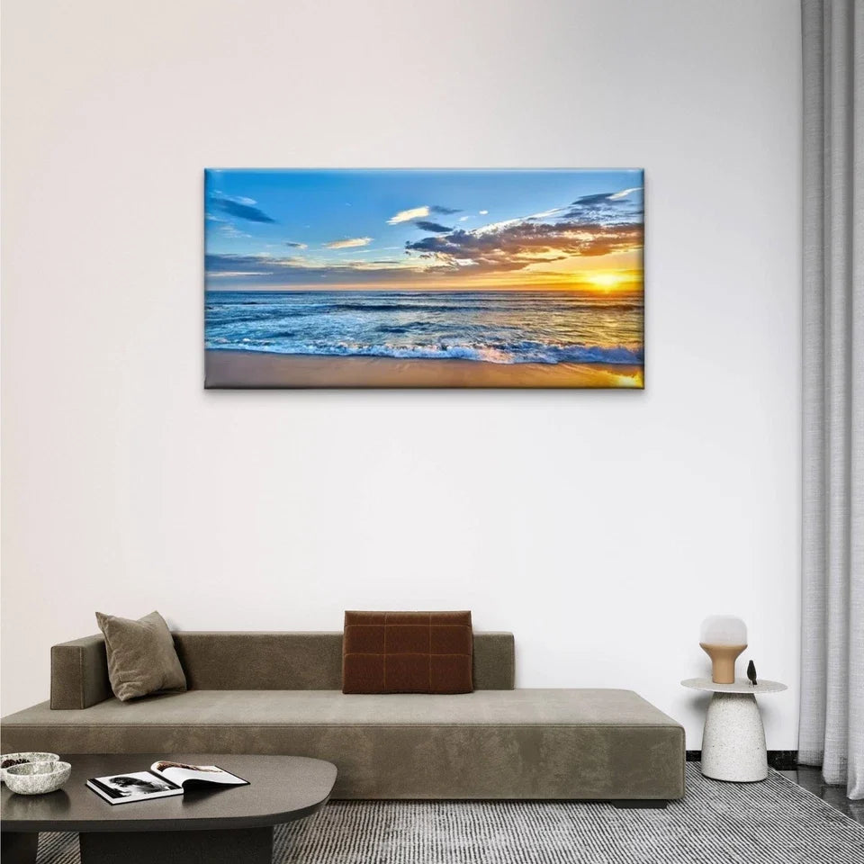 Beach Sunset Ocean Scene Wall Art Canvas Office Home Room Framed 120x60cm