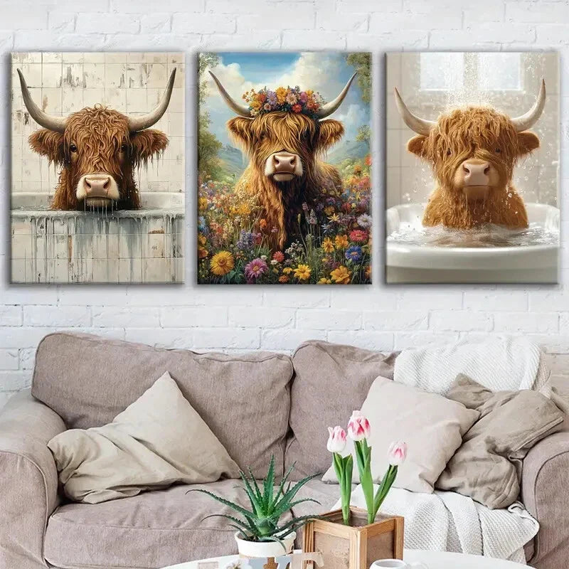 3pcs Highland Cows Blue Sky & White Clouds Brown Wall Art Set Canvas Framed 40x60cm - High Quality Print 100% Australian Made Wall Canvas Ready to Hang