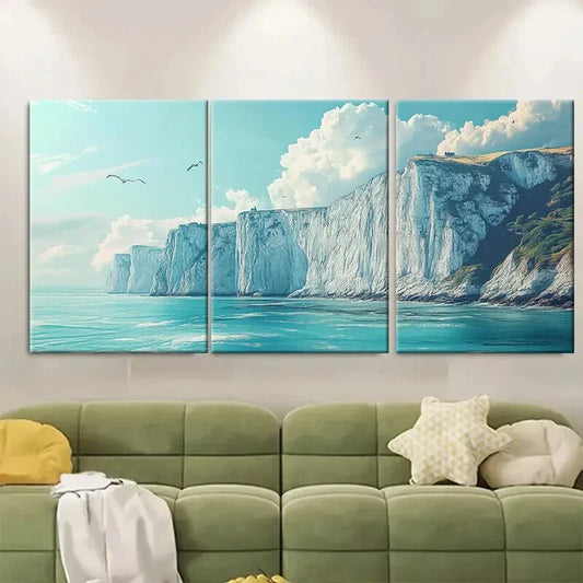3pcs Vibrant English Coastal Scene with Seagulls Metal Print Ready to Hang Art