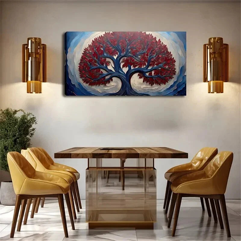 Vibrant Red Mystery Tree Design Wall Art Canvas Office Home Room Framed 120x60cm
