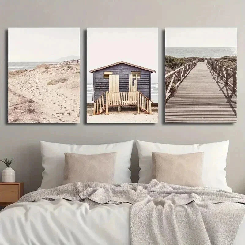 3pcs Sand Dunes & Seaside Hut Landscape Wall Art Set Canvas Framed 40x60cm - High Quality Print 100% Australian Made Wall Canvas Ready to Hang