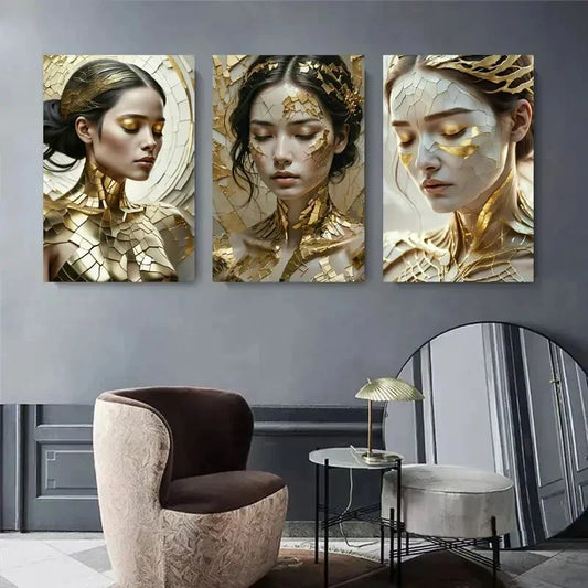 3pcs Elegant Abstract Faces with Golden Shards Metal Print Ready to Hang Art