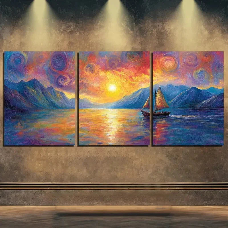 3pcs Boat Navigating On The River Perfect Wall Art Set Canvas Framed 40x60cm - High Quality Print 100% Australian Made Wall Canvas Ready to Hang