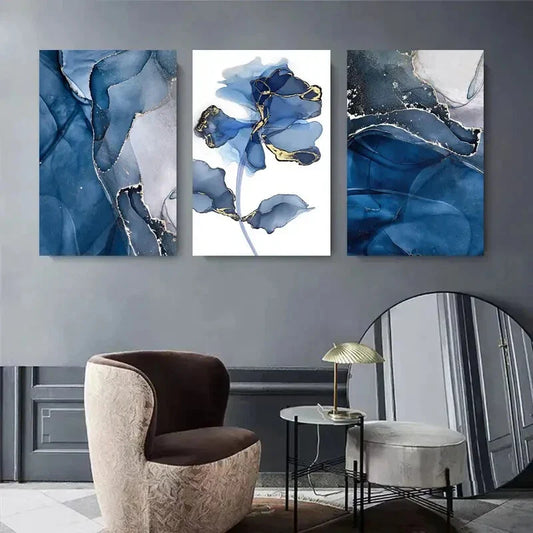 3pcs Abstract Blue and Golden Floral Ink Metal Print Ready to Hang Art