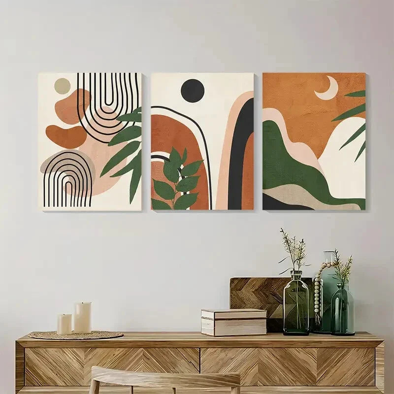 3pcs Abstract Geometric & Botanical Wall Art Set Canvas Framed 40x60cm - High Quality Print 100% Australian Made Wall Canvas Ready to Hang