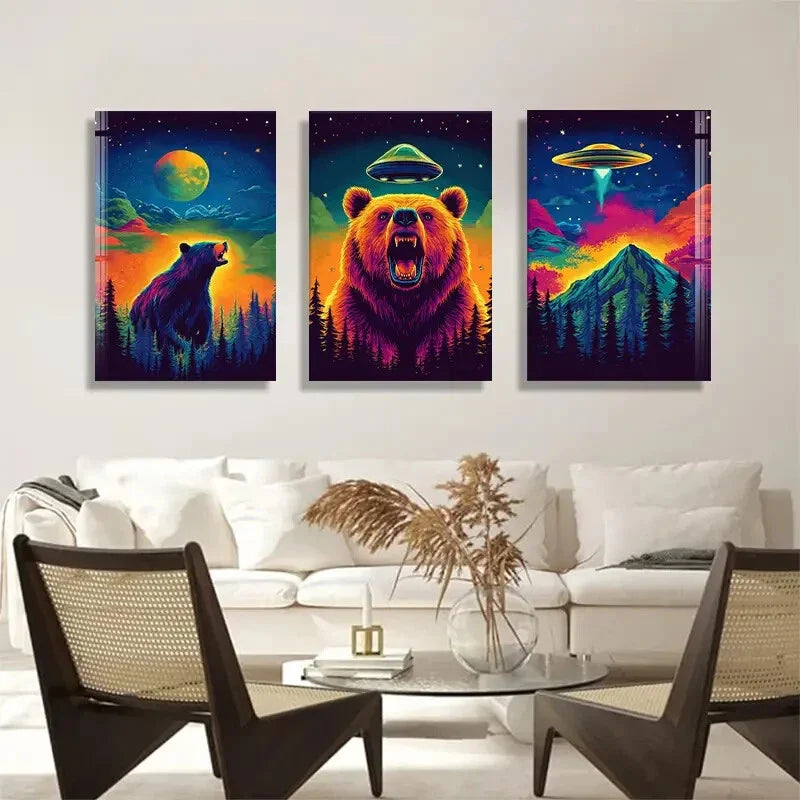 3pcs Wild Bear UFO and Cosmic Landscape Perfect Wall Art Set Canvas Framed 40x60cm - High Quality Print 100% Australian Made Wall Canvas Ready to Hang