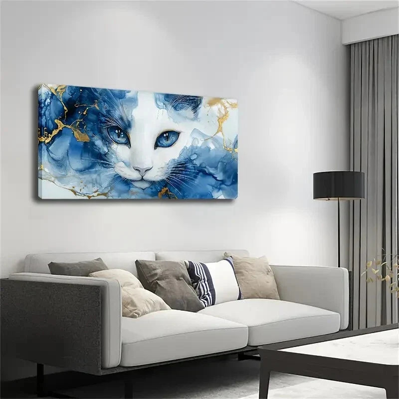 Cat With Blue Eyes Abstract Wall Art Canvas Office Home Room Framed 120x60cm