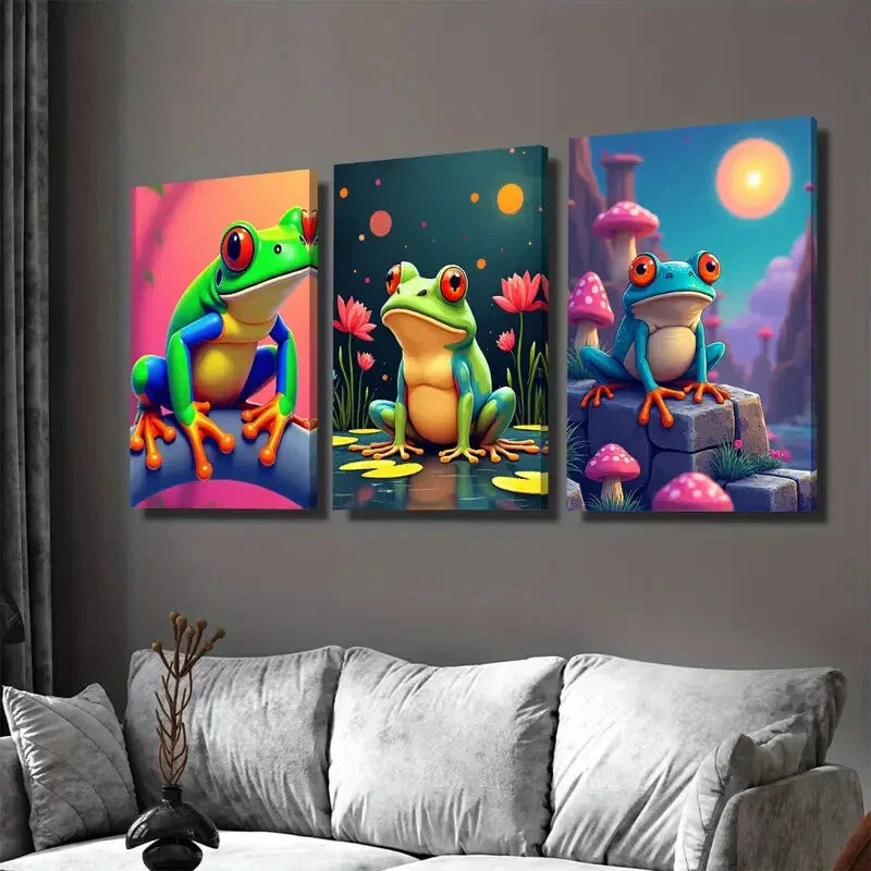 3pcs Colorful Frog Vibrant And Fun Picture Wall Art Set Canvas Framed 40x60cm - High Quality Print 100% Australian Made Wall Canvas Ready to Hang