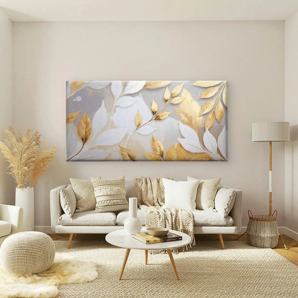 Golden Abstract Leaf Texture Wall Art Canvas Office Home Room Framed 120x60cm