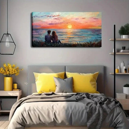 Vibrant Sunset Scene Beach Wall Art Canvas Office Home Room Framed 80x45cm
