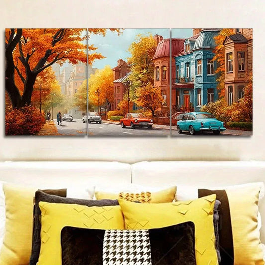 3pcs Apartment Buildings Autumn Season  Wall Art Set Canvas Framed 40x60cm - High Quality Print 100% Australian Made Wall Canvas Ready to Hang