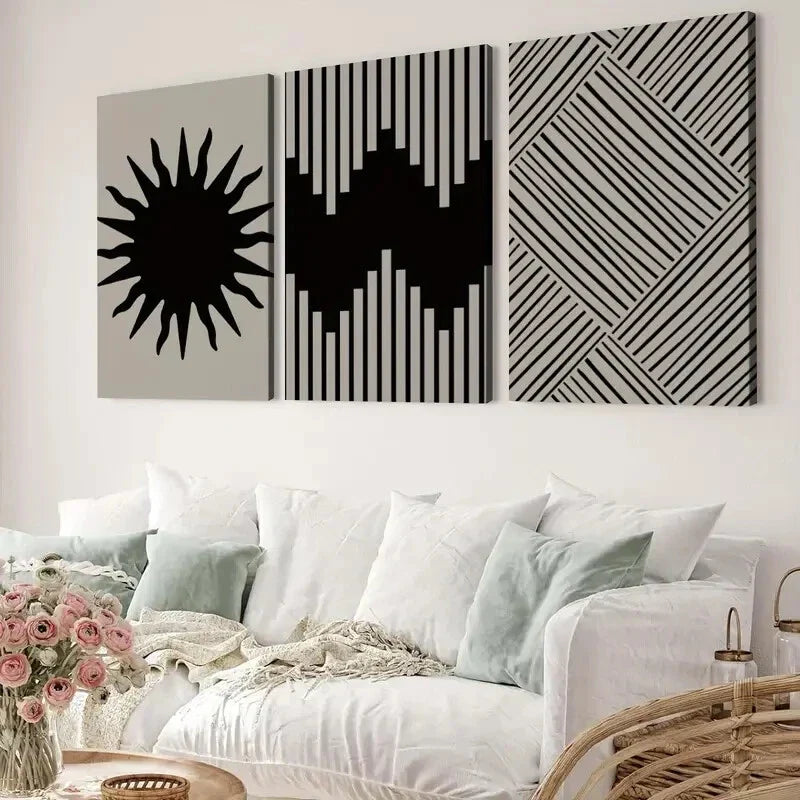 3pcs Abstract Modern Paintings Black Lines White Wall Art Set Canvas Framed 40x60cm - High Quality Print 100% Australian Made Wall Canvas Ready to Hang