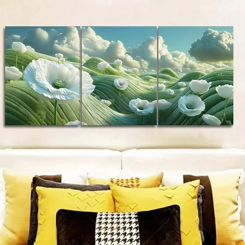 3pcs Luxurious White Poppy Art Print, Metal Print Ready to Hang Art
