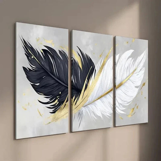 3pcs Abstract Black And White Golden Feather Wall Art Set Canvas Framed 40x60cm - High Quality Print 100% Australian Made Wall Canvas Ready to Hang