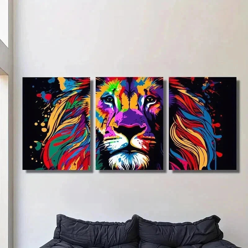 3pcs Colored Mane of a Majestic Lion Wall Art Set Canvas Framed 40x60cm - High Quality Print 100% Australian Made Wall Canvas Ready to Hang