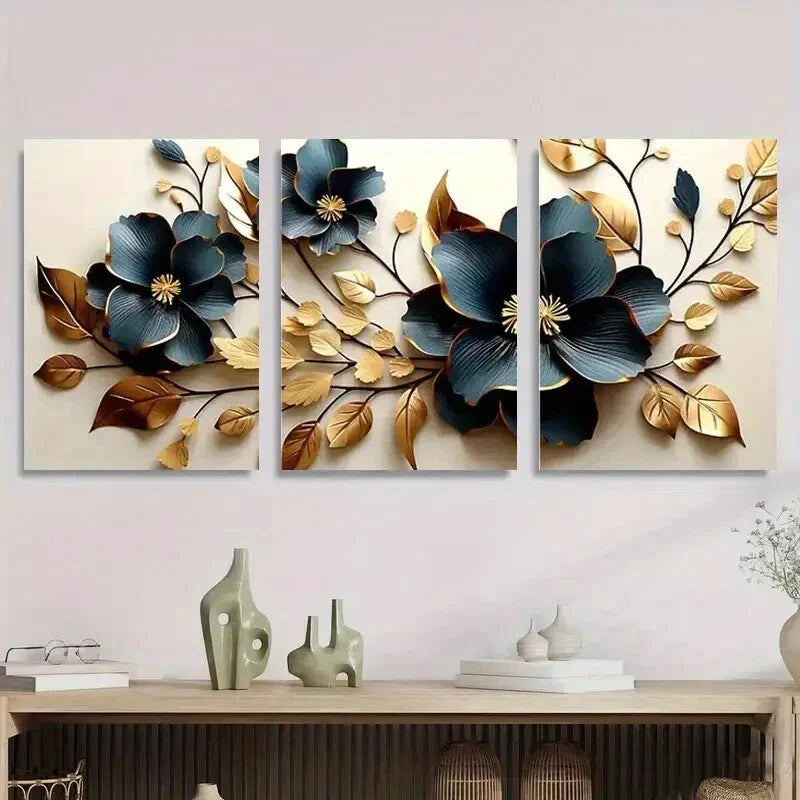 3pcs Blue and Golden Flower & Leaf Design Metal Print Ready to Hang Art
