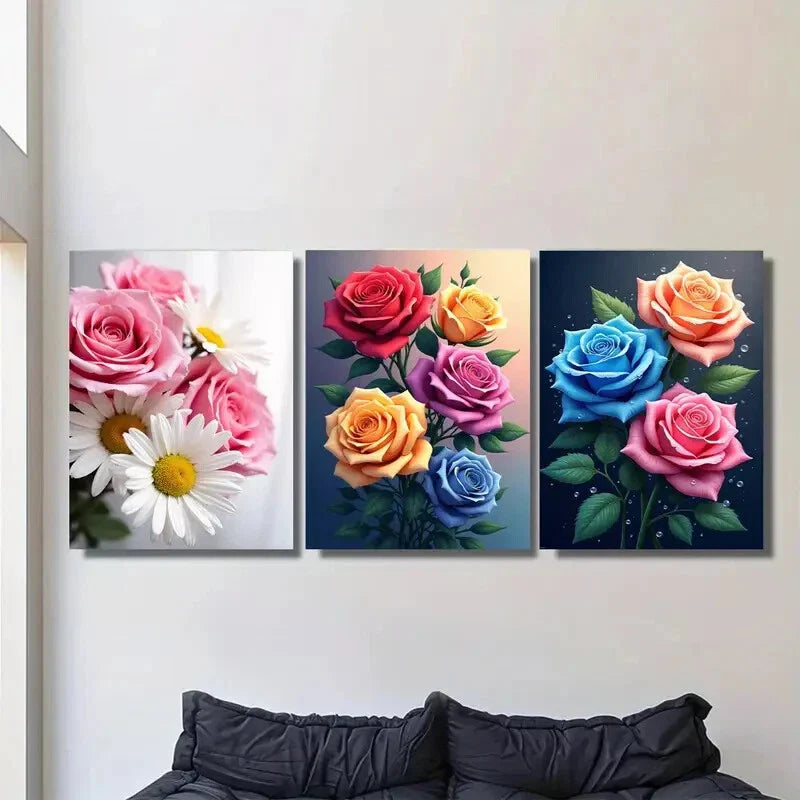 3pcs Colorful Rose and Daisy Modern Floral Metal Print Ready to Hang Art