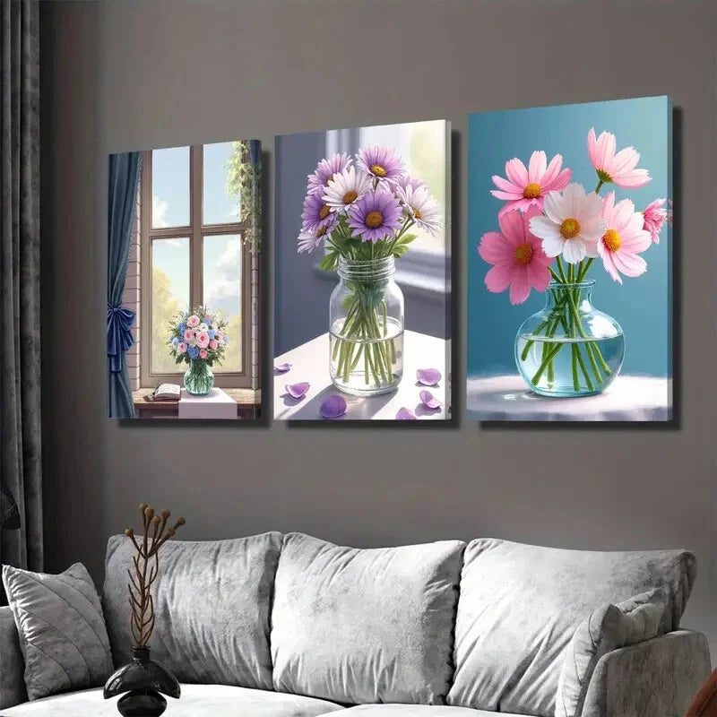 3pcs Floral Bouquet Vibrant Flowers in Vases Wall Art Set Canvas Framed 40x60cm - High Quality Print 100% Australian Made Wall Canvas Ready to Hang